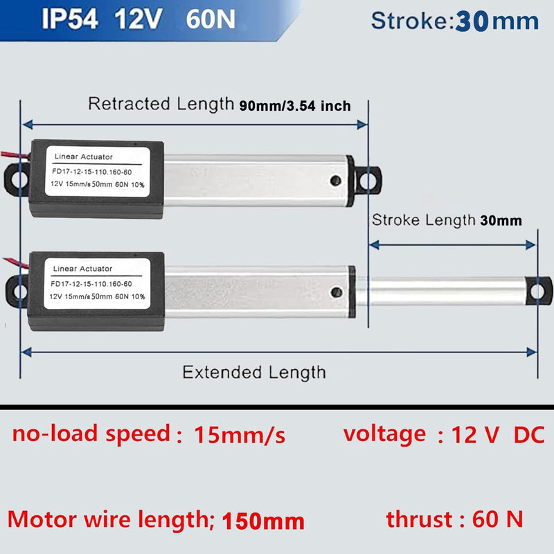 AWINLI 12V 1.2" Stroke Mini Linear Actuator,60N (13.4lbs),Speed 15mm/s Electric Linear Actuator with Waterproof Switch and Mounting Bracket,for Pet Doors,Miniature Equipment(30mm) 12V 30mm actuator mini12V