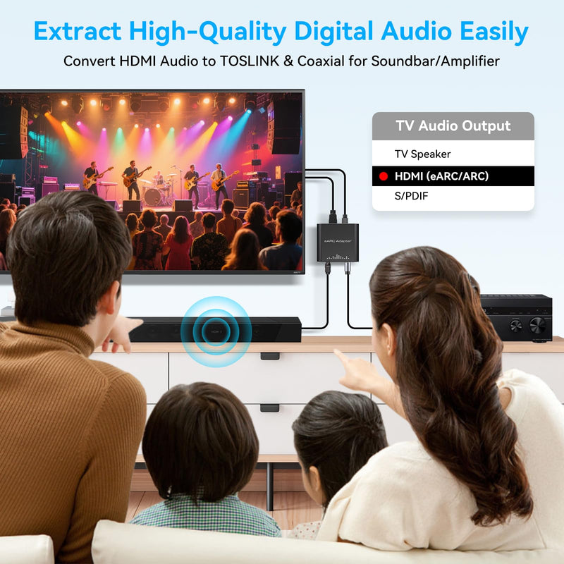VPFET HDMI eARC Audio Extractor Only Work for HDTV ARC/eARC Audio Adapter Converter HDTV Audio Transmitted via Toslink+Coaxial ports Support 192KHZ for Soundbars Home Theaters and Audio Systems No CEC