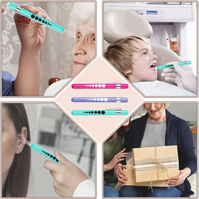 [Australia - AusPower] - Pen Light for Nurses, 3 Pack Medical Pen Lights with Pupil Gauge for Doctor Nurse Student with Baked Porcelain Finishing Aluminum Alloy Body Penlights, White Light Led, 6 AAA Powerful Batteries Pink + Sky Blue + Light Purple 