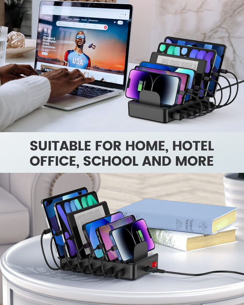 [Australia - AusPower] - CREATIVE DESIGN Charging Station, 50W 6 Ports Multi Charger Station with 6 Charging Cables, USB Charging Dock for Multiple Devices, Compatible with Cellphone iPad Kindle Tablet and Other Electronic Black 
