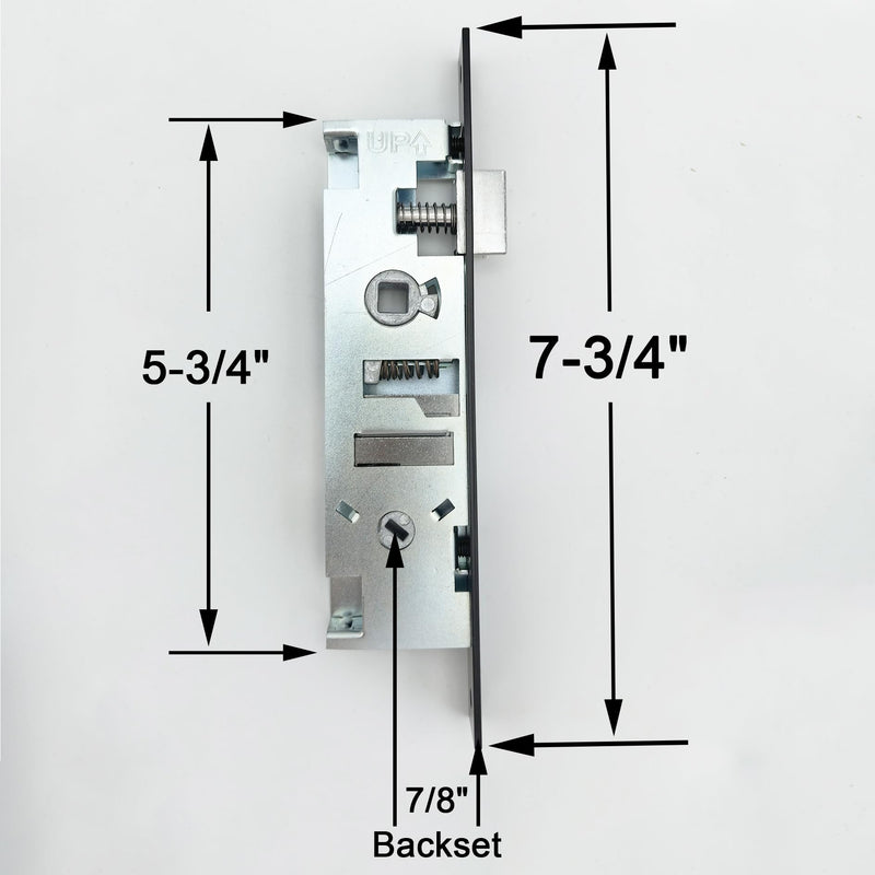 US Flat Slot Storm Door Mortise Lock Body Fits for Older Storm Doors, 5/16" Square Spindle Hub, 2-1/2" Handle PZ, 7/8" Backset, 7" Faceplate H.C., Non-Handed, Matte Black