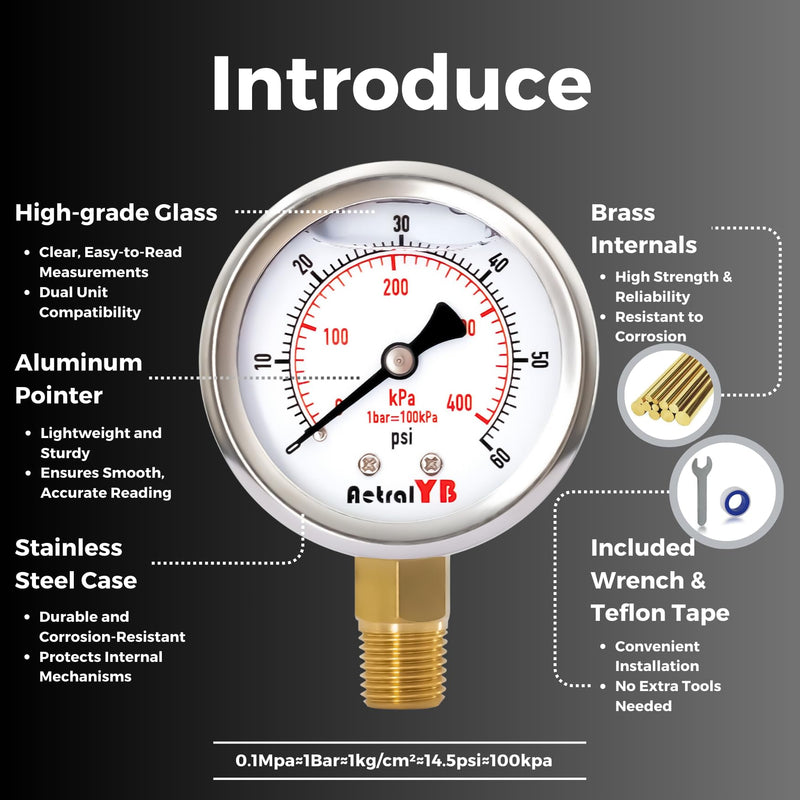 [Australia - AusPower] - 0-60 Psi Glycerin-Filled Pressure Gauge, 2-Inch Gauge, Stainless Steel, 1/4" NPT Lower Mount,400kPa Pressure Gauge for Pool Pump, Sand Filter, Air Compressor, and Well Water Systems 0-60PSI 