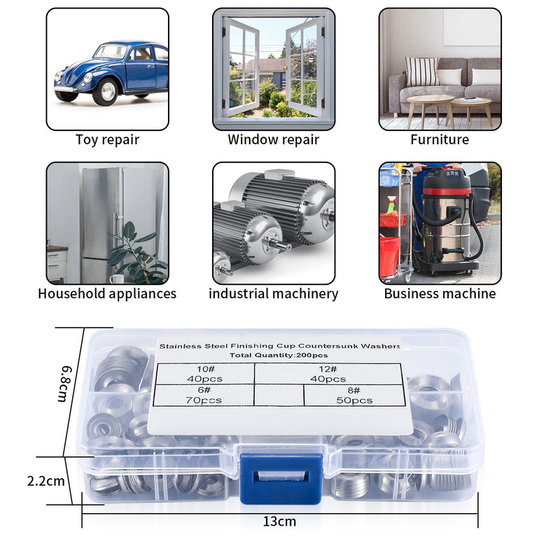 200 Pcs Finishing Cup Countersunk Washers Assortment Kit, 6# 8# 10# 12# Stainless Steel Finishing Cup Washers, Finish washers, Cup Countersunk Finish Washer Set, Finishing Washers