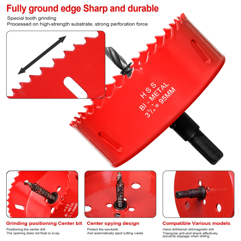 [Australia - AusPower] - Hole Saw 3 3/4” (95mm) for Wood and Plastic, HSS Bi-Metal Hole Cutter Core Drill Bit for Drywall, PVC Boards, Fiberglass and Vent Pipes Red 3-3/4"(95mm) 