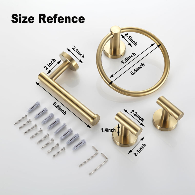 4 PCS Bathroom Hardware Set，Brushed Gold SUS304 Stainless Steel Wall Mounted Bathroom Accessories Gold Kit Include Hand Towel Ring,Brushed Gold Toilet Paper Holder,and 2 Robe Towel Hooks Brushed Gold