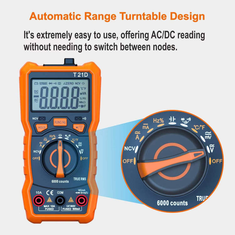 [Australia - AusPower] - Auto-Ranging Digital Multimeter, TRMS 6000 Counts AC DC Voltmeter Ohm Volt Amp Meter, Electrical Multimeter Tester with NCV, Measure Capacitance Current Resistance Temp Continuity Diode Duty Cycle up to 600V/10A 