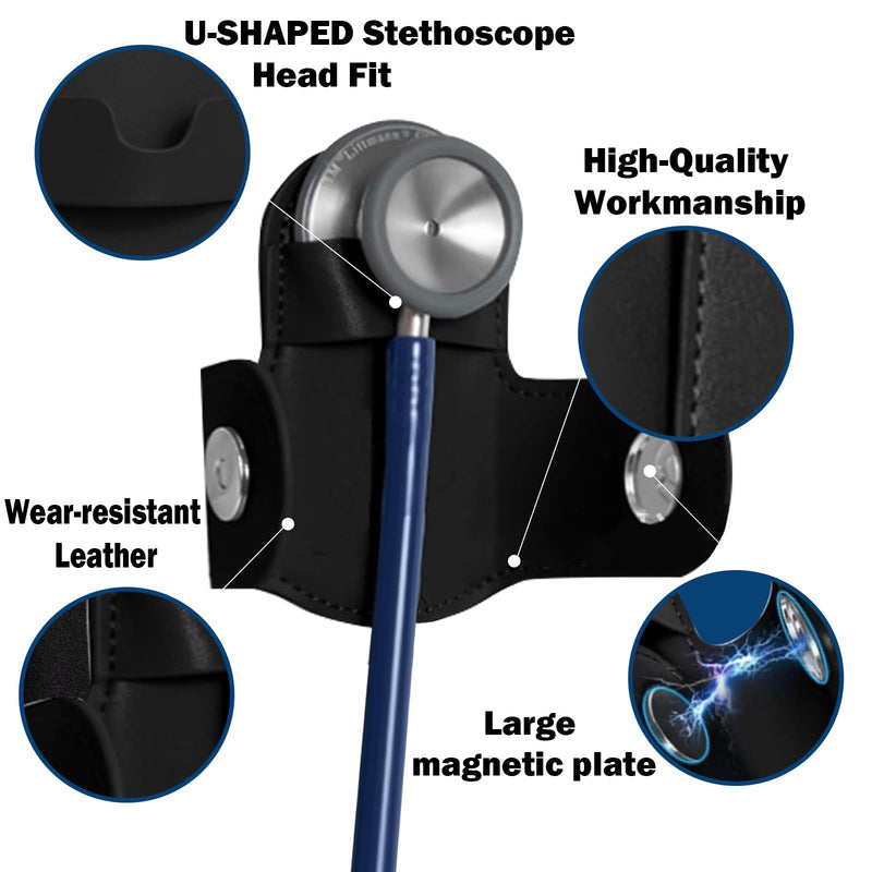 [Australia - AusPower] - Magnetic Stethoscope Holder Clip Secure Hands-Free Pu Leather Lightweight Portable Holster for Physicians, Nurses, EMT, Students. Compatible for 3M Littmann & Most Stethoscope (Black) Black 