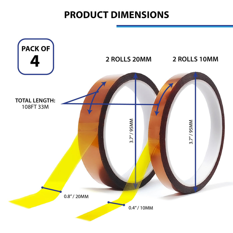 [Australia - AusPower] - 4 Rolls Heat Tape for Sublimation, 20mm & 10mm, 33 Meters(108ft) Length, Brown Heat Resistant Transfer Tape, No Residue Pack of 4 - 10mm x 2 & 20mm x 2 