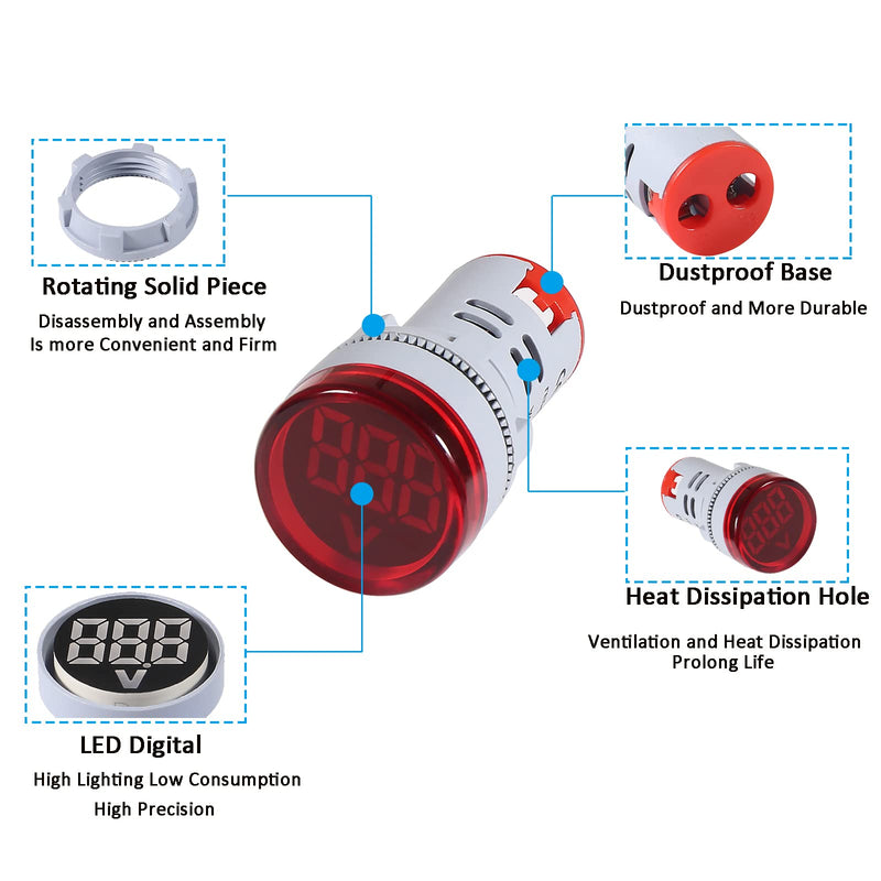 [Australia - AusPower] - 3pcs LED Voltage Meter Indicator AC 60-500V LED Voltmeter Signal Light Digital Display DC Voltage Meter Indicator Round Lamp Tester 3pcs 