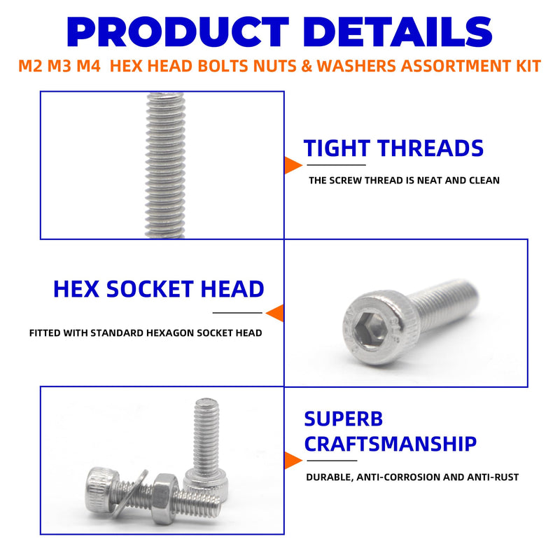 [Australia - AusPower] - 855Pcs Machine Screws Nuts and Bolts Assortment Kit, M2/M3/M4 Socket Head Cap Assorted 304 Stainless Steel Bolts Nuts Flat Washers Bolts with Case Hex Socket Head 