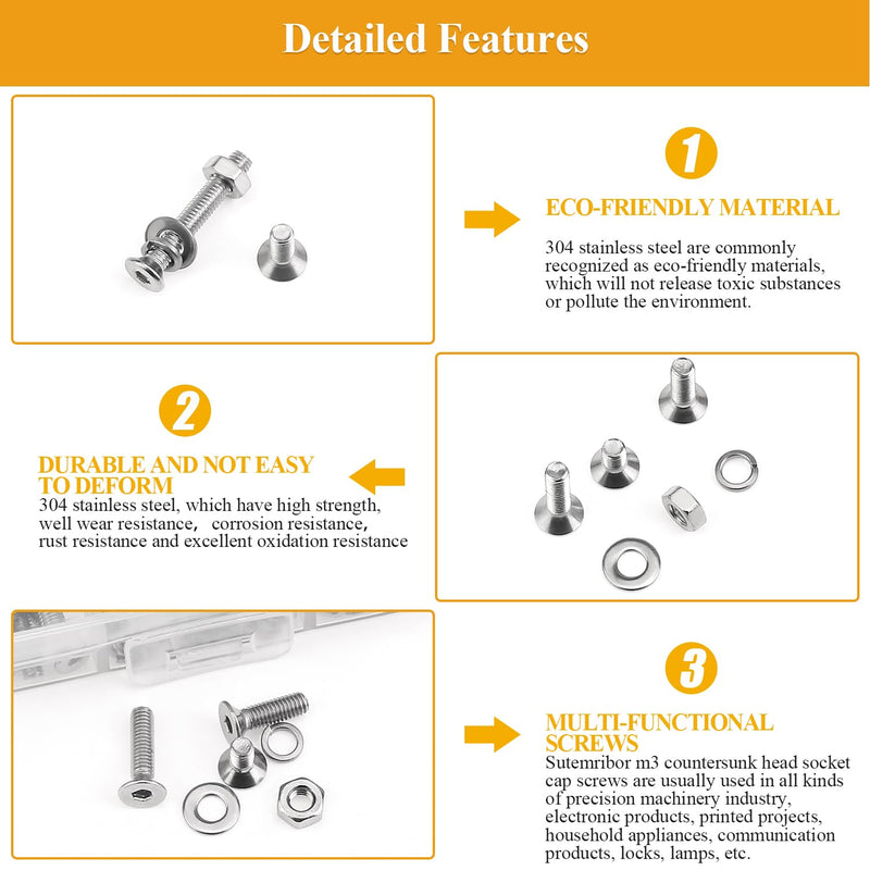 [Australia - AusPower] - 565 Pieces M3 Screws Nuts Washers Set, Sutemribor M3 x 4/6/8/10/12/16/20mm Countersunk Head Socket Cap Screws Nuts Washers Assortment Kit, 304 Stainless Steel, Fully Threaded 