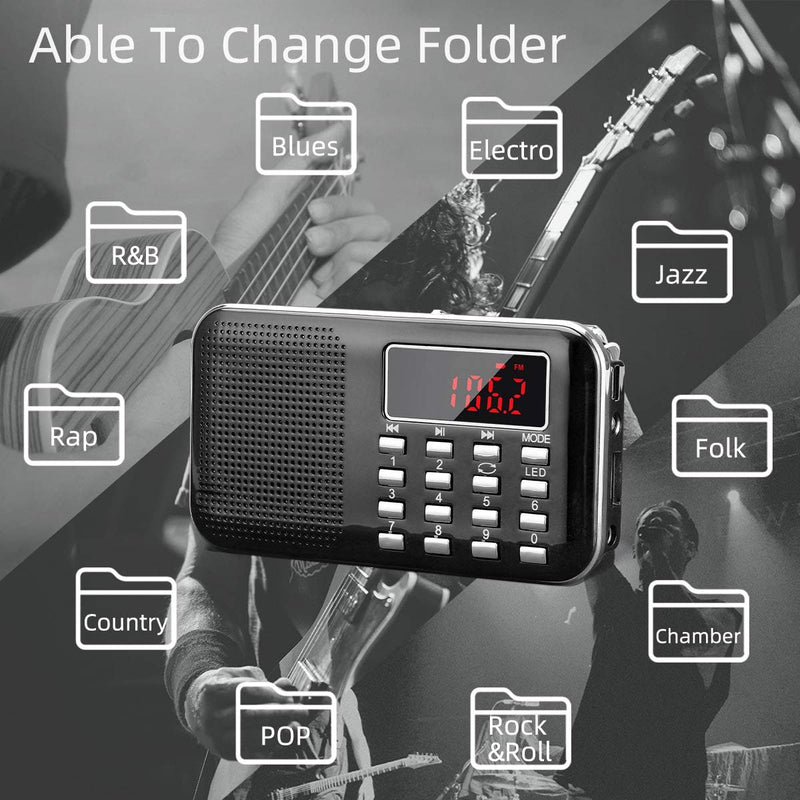 [Australia - AusPower] - Mini Portable Radio AM FM Pocket Radio with MP3, LED Flashlight, Digital Radio Speaker Support Micro SD/TF Card/USB, Auto Scan Save, 1200mAh Rechargeable Battery Operated, by PRUNUS[Latest Version] Black 