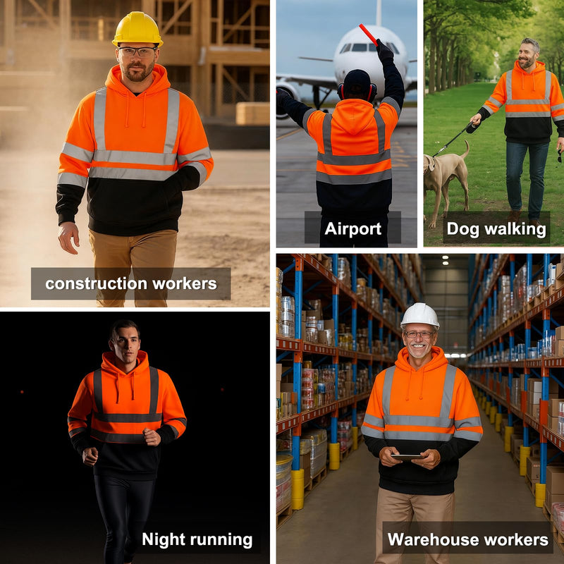 HYCOPROT High Visibility Sweatshirt ANSI Class 3 Reflective Safety Hoodie Hi Vis Hooded Pullover with Black Bottom… Orange XX-Large
