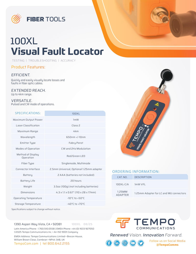 [Australia - AusPower] - TEMPO Communications 100XL VFL Fiber Optic, 1 mW Class 2 Visual Fault Locator Fiber Optic, 4km Distance, 2Hz Modulation Mode 100XL-C/A 