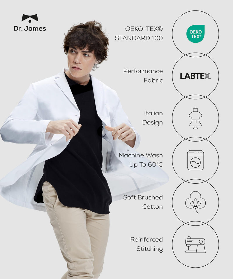 Dr. James Unisex Lab Coat – White Medical Coat, Classic Fit, 3 Pockets + Phone Slot, Safety Snaps, OEKO-TEX® Certified S (Men S / Women M)