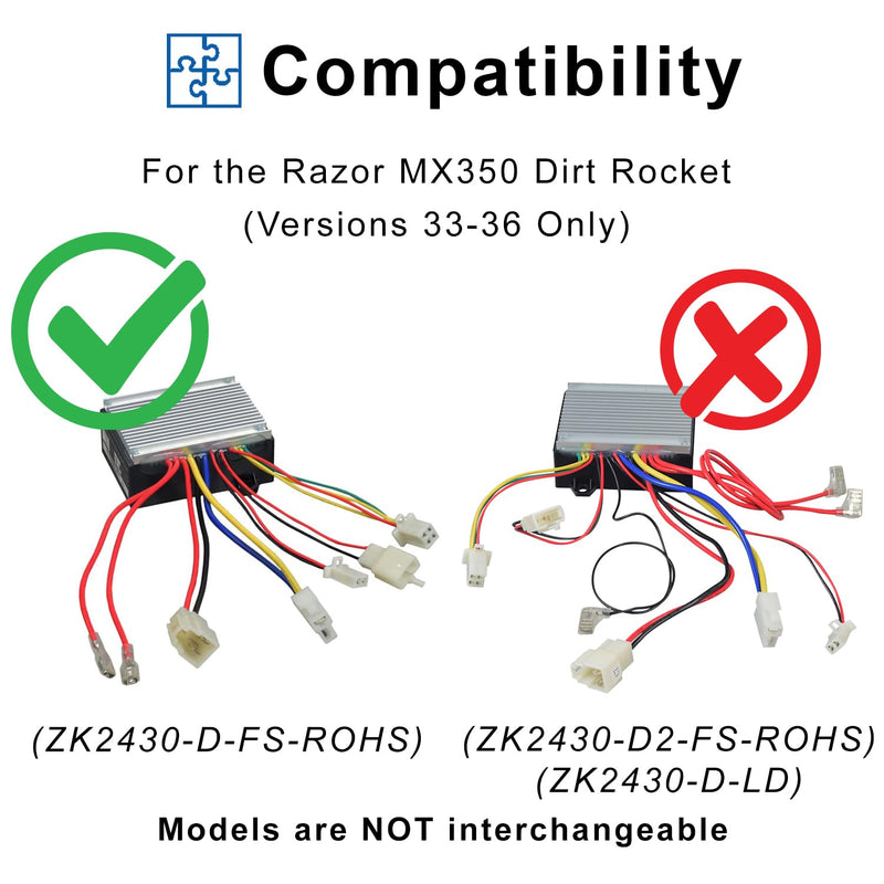 AlveyTech 24 Volt ZK2430-D-FS-ROHS Controller for The Razor MX350 Dirt Rocket Bike (Versions 33-36) - Replacement Motor Speed Control Module with 4-Wire Throttle Connector Versions 33-36