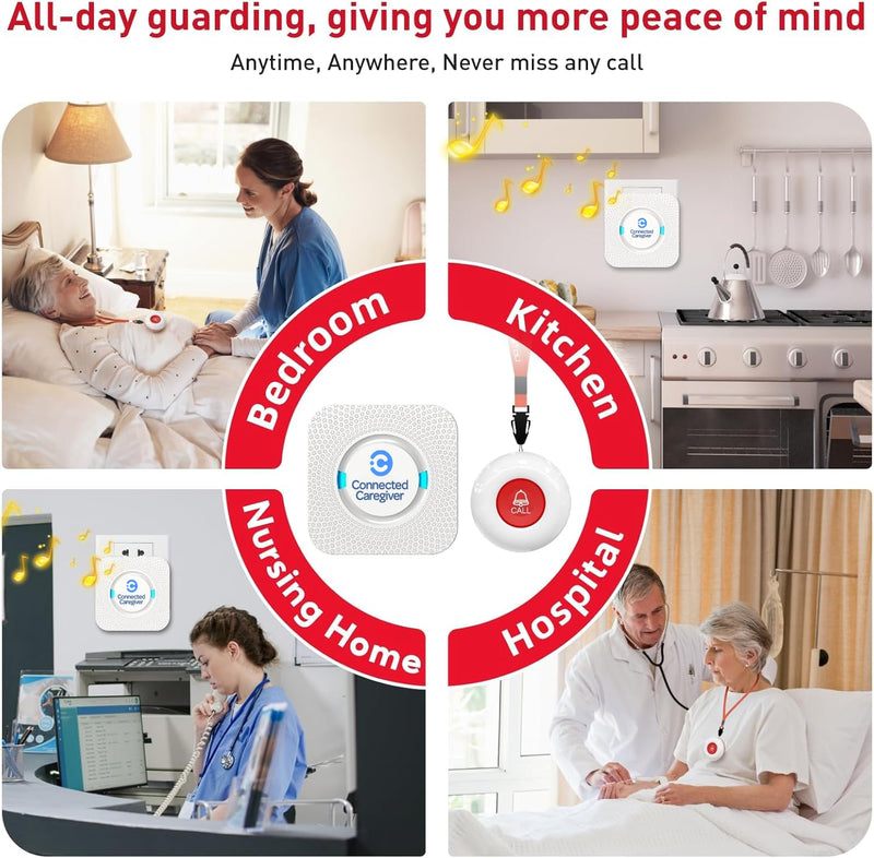 Connected Caregiver Wireless Pager Smart Call System 2 SOS Call Buttons/Transmitters 2 Receivers Nurse Calling Alert Patient Help System for Home/Personal Attention Pager 500+Feet Plugin Receiver