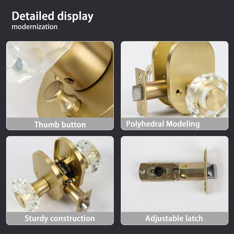 Gold Door Knob Interior, Privacy Door Knob for Bathroom and Bedroom, Premium Glass Door Knobs, Anti-Lock Function, Round Clear Crystal Bathroom Door Knob with Lock, 1 Pack Gold Plated
