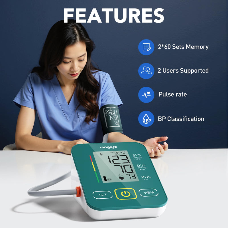 [Australia - AusPower] - Arm Blood Pressure Monitor,maguja Blood Pressure Machine,BP Monitor Automatic Upper Arm Digital with Blood Pressure Cuff for Home Use Green 