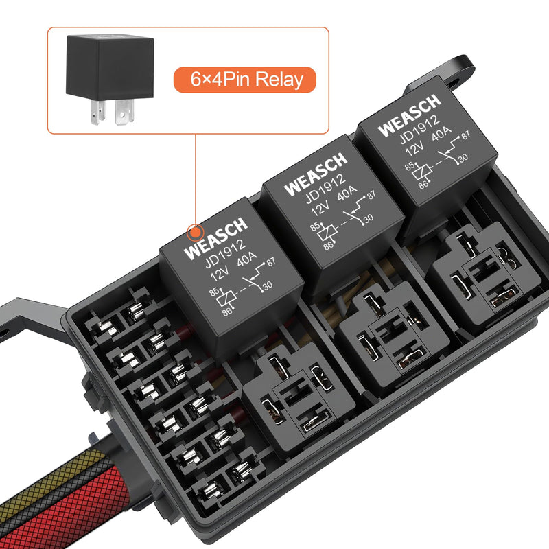 [Australia - AusPower] - 12V Fuse Relay Box, 6 Way Relay Fuse Box, with 12 AWG Pre-Wired, 6 Relays and 6 ATC/ATO Blade Fuses, 4-Pin Relay Box Block Kit, for Cars Truck Marine Boat Jeep (Pre-Wired Fuse/Relay Kit) Pre-wired Fuse/Relay Kit 