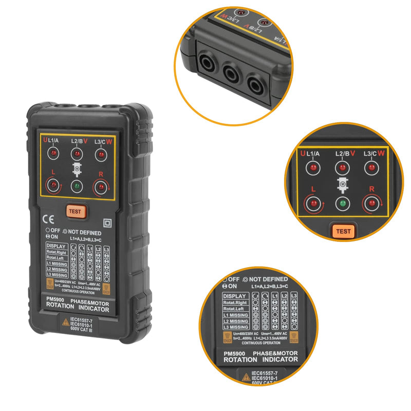 [Australia - AusPower] - Portable Handheld Three Phase Motor Rotation Indicator Tester Motor Rotation Tester for Installing Repairing Maintaining Three Phase System 