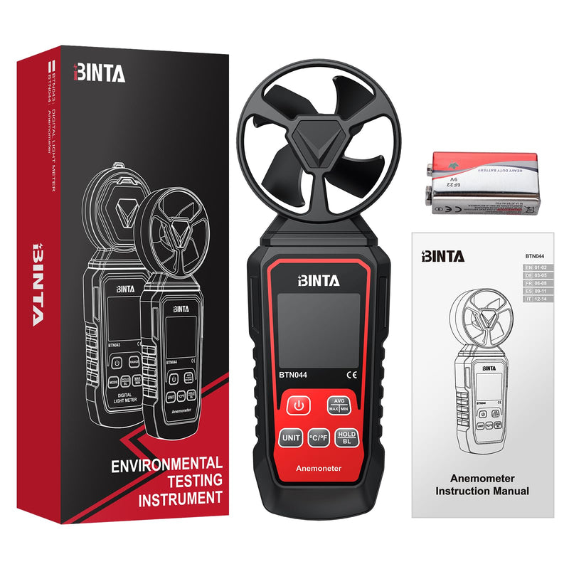 BINTA Digital Anemometer Windmesser digitales Windgeschwindigkeitsmessgerät | Windmessgerät mit Windgeschwindigkeit/Windkühlung, ℃/℉, Max/Min/Durchschnitt/Echtzeitmessung mit Hintergrundbeleuchtung