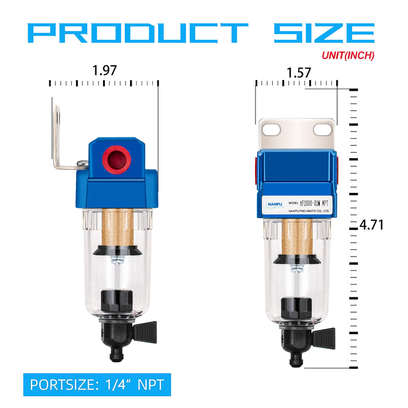 [Australia - AusPower] - NANPU 1/4" NPT Compressed Air Line Filter, 5 Micron Brass Element, Manual Drain, Bracket, Poly Bowl, 145 PSI 