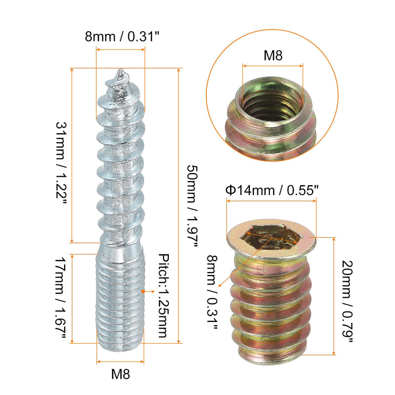 [Australia - AusPower] - uxcell M8x50mm Hanger Bolts, 12pcs 31mm Wood Dowel Screw Self-Tapping Screw with 12pcs M8x20mm Threaded Insert Nuts Interface Hex Socket Drive, for Joint Furniture Legs 12 