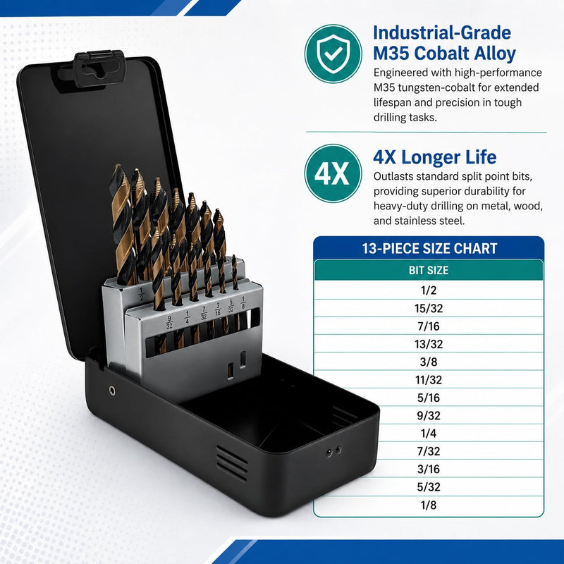Steel Vision Hyper-Step HSS Cobalt, No Pilot Hole Needed, (1/8"" - 1/2") 13 pc TurboStep HSS Mechanics Stubby Drill Bit Set, Industrial-Grade, Metal Drilling for Stainless/Hardened Steel