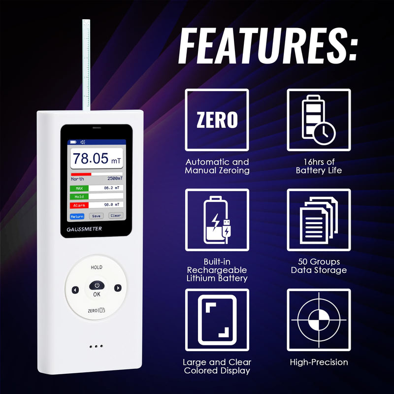 [Australia - AusPower] - Digital Gauss Meter Tesla Meter, Professional Magnetic Field Tester with 0-25000 Gs (0-2500 mT) Range, HD Color Display Rechargeable N/S Pole Detection Data Storage for Magnets Motors & Industrial Use 
