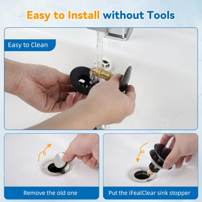 iFealClear 2 Pack Universal Bathroom Sink Stopper, Pop Up Sink Drain Strainer with Hair Catcher, Fit 1.1"-2.36" US Basin, Wash Basin Drain Plug with Big Cover Cap, Brass Bounce Core, Oil Rubbed Bronze Oil Rubbed Bronze Finished