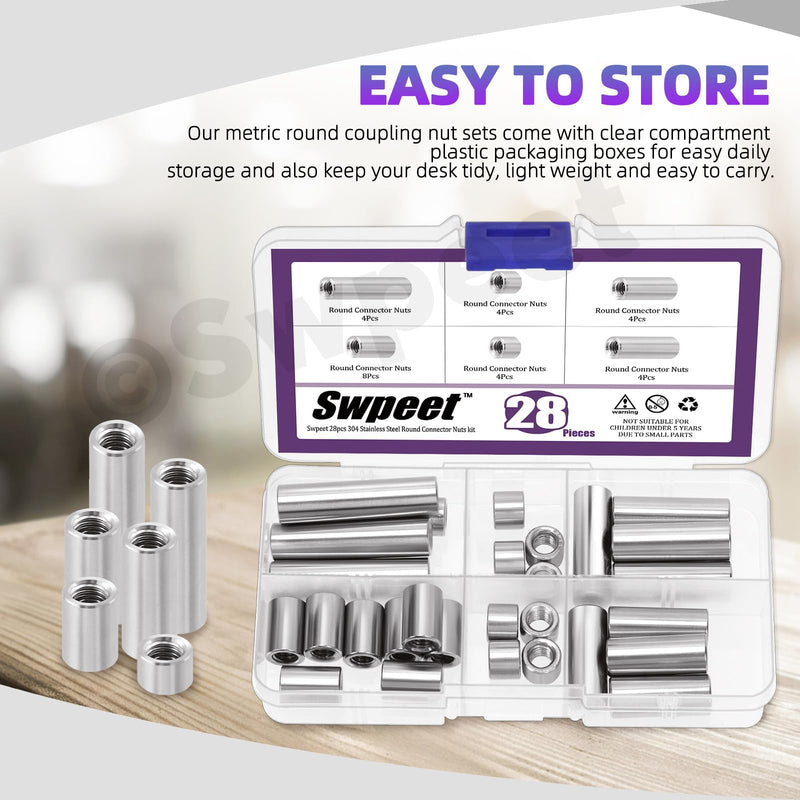 [Australia - AusPower] - Swpeet 28Pcs 5 Sizes Metric M6 X 1.0-Pitch X 8mm/15mm/25mm/30mm/40mm Length 304 Stainless Steel Round Connector Nuts Coupling Nuts Assortment Kit, Female Thread for Camera Pan, Lamp Bracket 