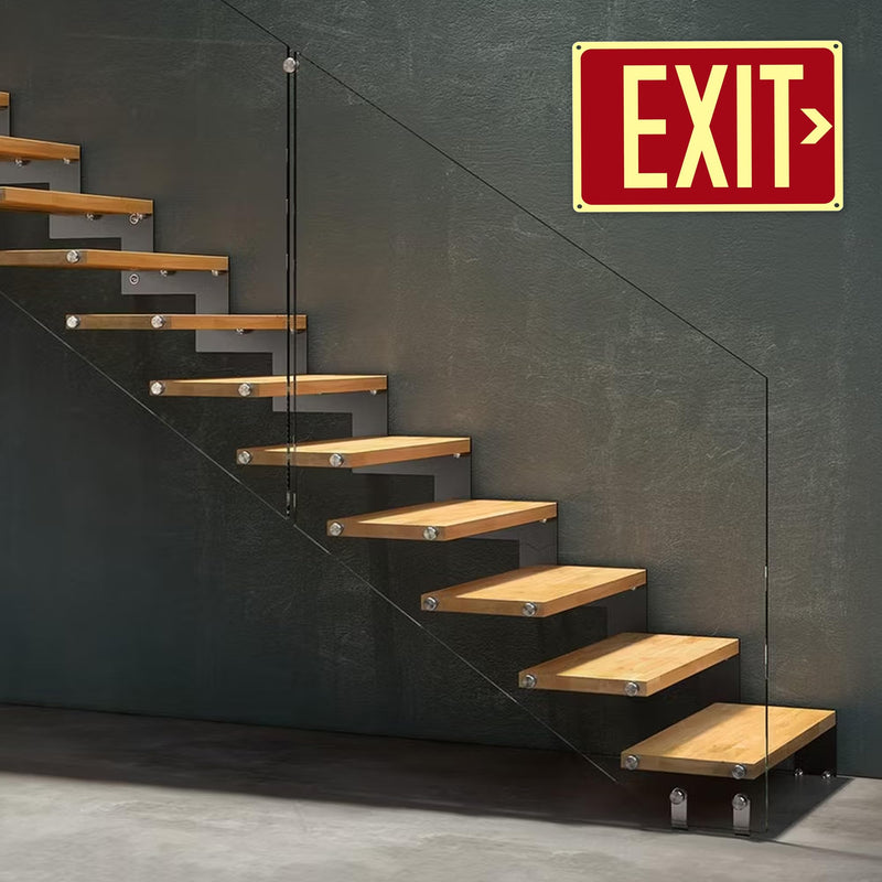 2Pack Photoluminescent Exit Sign Aluminum - 14x10 Inches Glow In Dark Exit Sign with Adhesive Backing - Removable Arrows Included - Non Electrical Red Exit Light For 50 Feet Visibility 14"X10"-2PACK