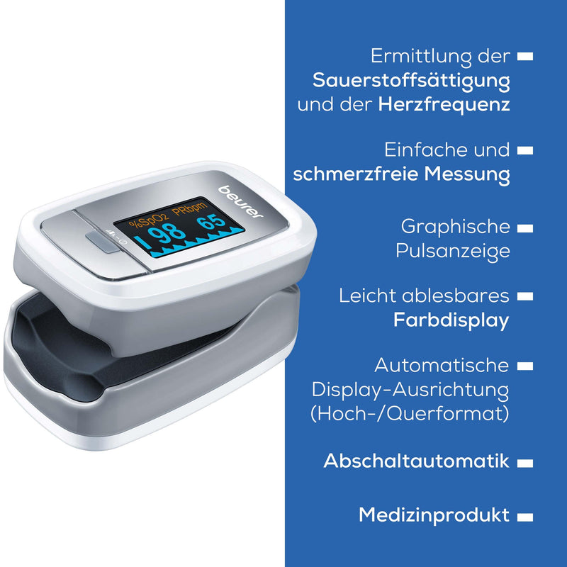 [Australia - AusPower] - Beurer PO 30 Pulse Oximeter, Measure Oxygen Saturation (SpO₂) and Heart Rate (Pulse), Finger Oximeter with Colour Display, Painless Use on Finger, 6.1 x 3.6 x 3.2 cm, White gray Single 