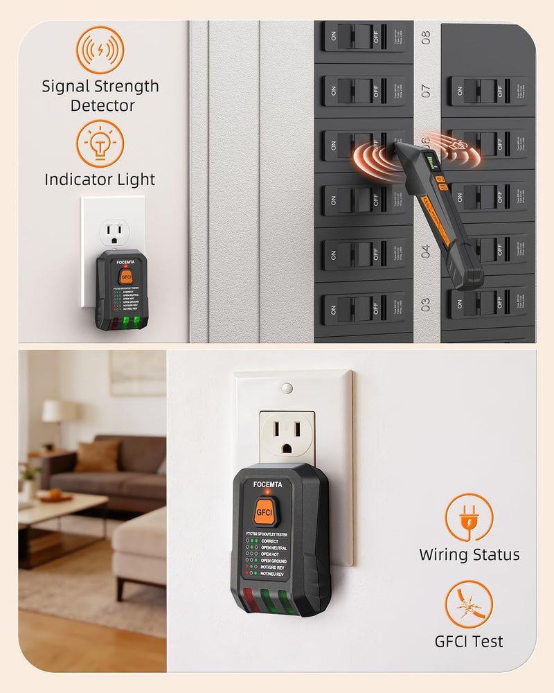 Circuit Breaker Finder and GFCI Outlet Tester - Digital Receiver with Color Screen & NCV Detection for Home Electrical Safety Including Carrying Case and Adapters 90-135V AC Circuits - FTCT02