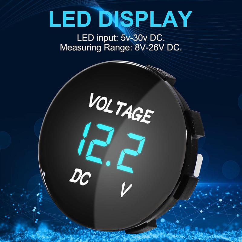 [Australia - AusPower] - 2PCS DC 12V 24V Car Voltmeter DC 5-48V LED Digital Display Voltmeter 12V Waterproof Voltage Gauge Meter Tester Round Panel with Terminals for Boat Marine Vehicle Motorcycle Truck ATV UTV (Blue Light) 