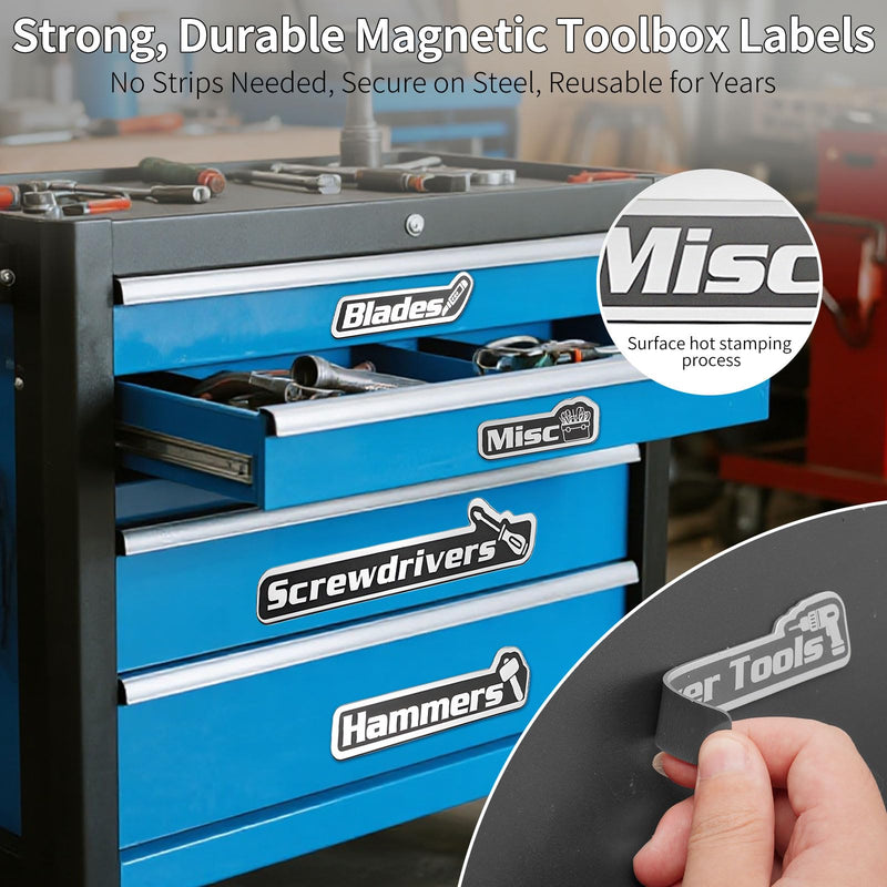 15 Pack Magnetic Toolbox Labels, Tool Box Labels with Magnetic，Toolbox Organizers with Strong Magnet for Steel Toolboxes, Carts, Drawers & Cabinets (Black) Black