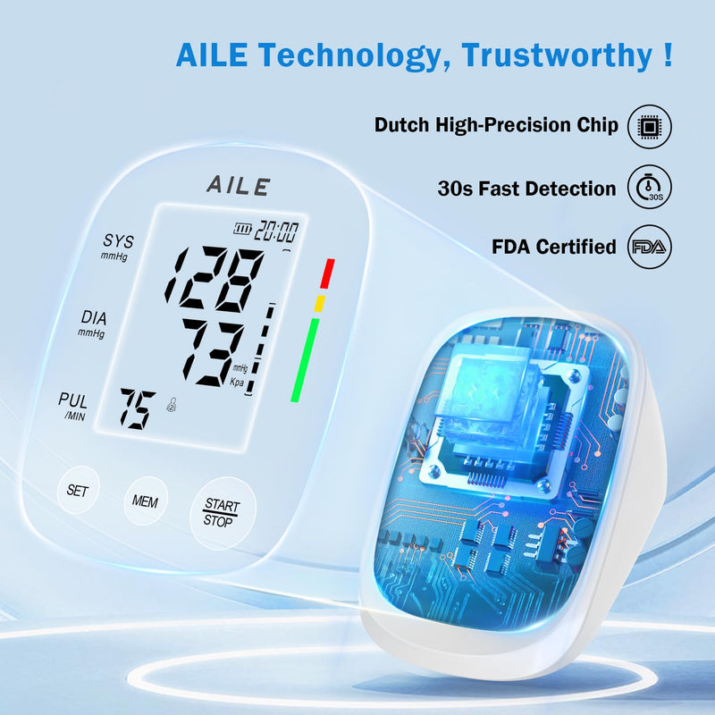 [Australia - AusPower] - Blood Pressure Monitor, AILE Blood Pressure Machine Upper Arm Large Cuff(8.7"-16.5"), High Automatic Blood Pressure Monitors Cuff for Home Use, (BP) Manual Arm Blood Pressure Monitors, 2 * 99 Memory White 
