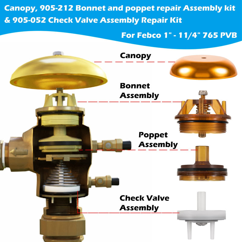 [Australia - AusPower] - For Febco 765-1 Repair Kit, 905-212 Bonnet Poppet Repair Kit & 905-052 Check Valve Assembly & Canopy for Febco 765-1 inch & 1-1/4 inch Backflow Preventer and Vacuum Breaker 