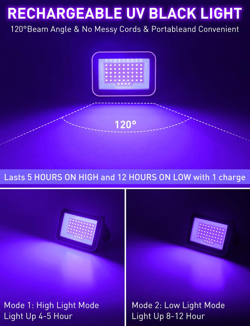 [Australia - AusPower] - Rechargeable LED Black Light, Battery Powered Portable Blacklight, 400nm LED Flood Light Black Lights, Neon Glow Party, Blacklight Catfishing, Halloween, Glow in The Dark Decoration 2 Pack 
