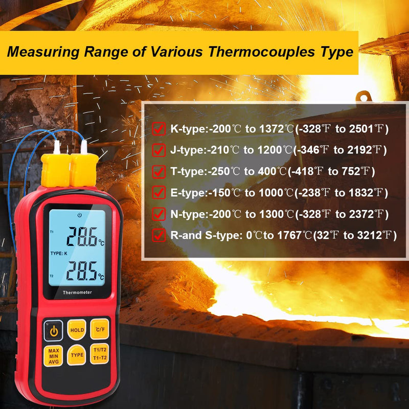 [Australia - AusPower] - Mengshen Digital Thermometer, 2-Channel K-Type Thermocouple Probe Sensor Temperature Meter Gauge for K/J/T/E/R/N/S Type, -200℃ to 1372℃ (-328℉ to 2501℉) 
