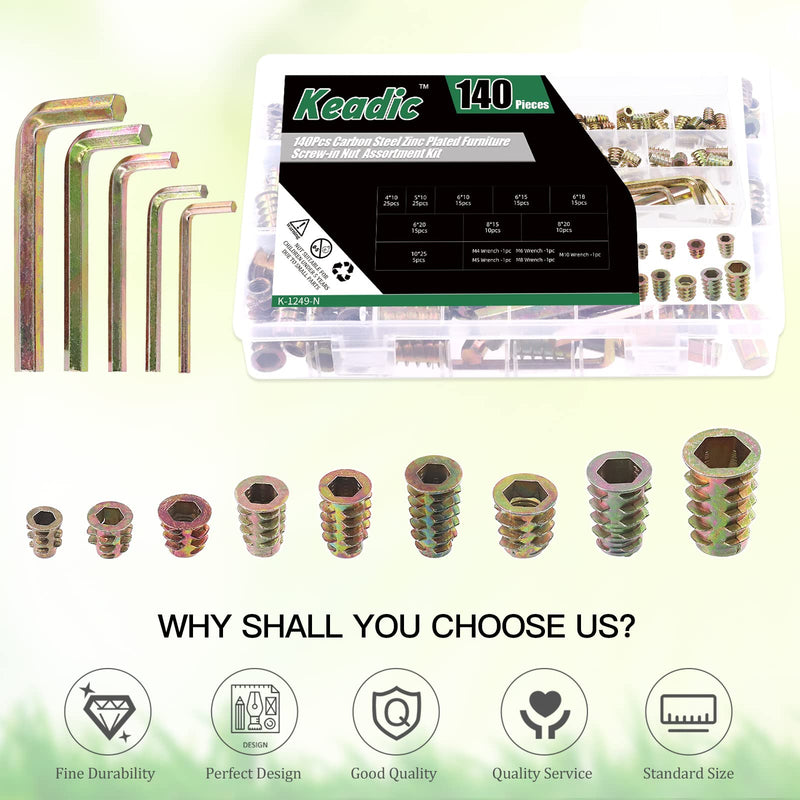 [Australia - AusPower] - Keadic 140Pcs 9 Sizes M4 M5 M6 M8 M10 Zinc Plated Threaded Inserts Assortment Set with Hex Wrench, Hex Drive Wood Nutserts Screw-in Nut Bolt Fastener Connector for Wooden Furniture 