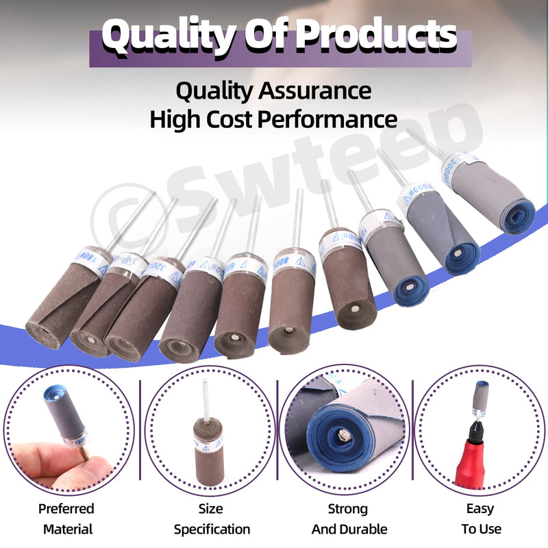 [Australia - AusPower] - Swpeet 10 Pcs Sanding Drums Sleeves Kit, 180-2500 Grit Sandpaper Grinding Head Sandpaper Bar Stick, Abrasives Cartridge Rolls, Polishing Burr Stick Roller Sanding Tool, Woodworking Polishing Tool 