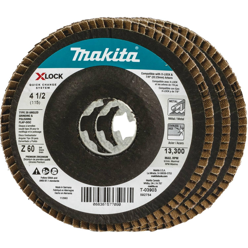 Makita T-03903-3 X-LOCK 4?1/2" 60 Grit Type 29 Angled Grinding and Polishing Flap Disc X-LOCK and All 7/8" Arbor Grinders, 3/pk