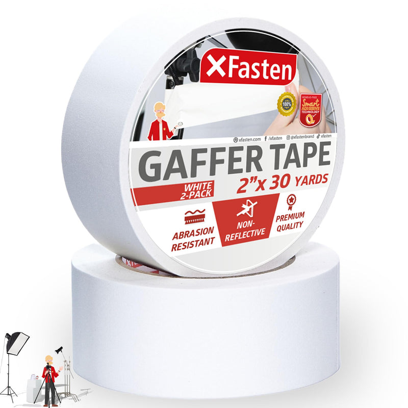 XFasten White Gaffers Tape 2 Inch x 30 Yards (2-Pack 180ft) Residue-free White Gaffer Tape 2 Inch Non-Reflective Matte White Gaff Tape, Gaffers Tape White Wall Tape for Cords, Photography 2 Inches x 30 Yards (2-Pack 180-Feet)