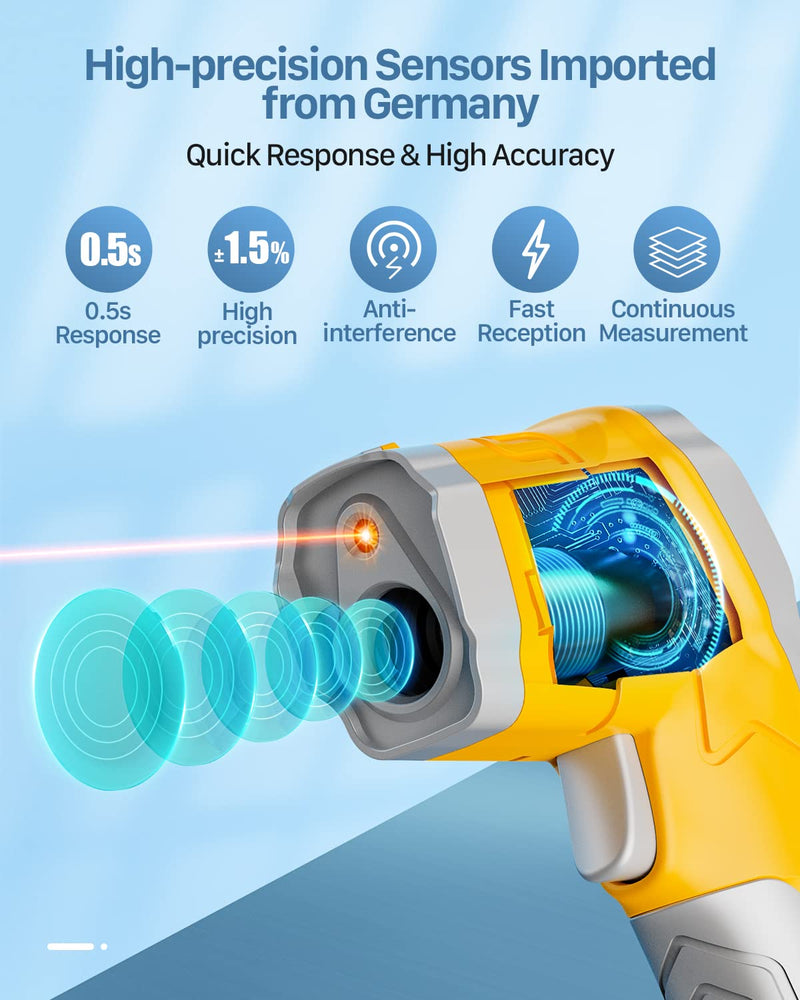[Australia - AusPower] - EVENTEK Infrared Thermometer, Temperature Meter -50°C ~ 600°C (-58°F~1112°F) with Adjustable Emissivity, Laser Thermometer, Non-Human for Cooking/Barbecue/Freezer/Industry Yellowish-Grey 