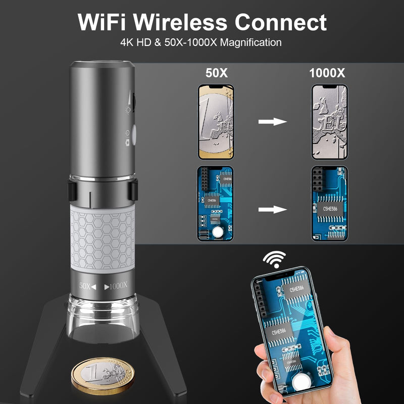 [Australia - AusPower] - Wireless Digital Microscope 4K HD Wi-Fi Microscope Camera Digital Magnifier Compatible for iPhone, Android Phones and PC (Black) Black 
