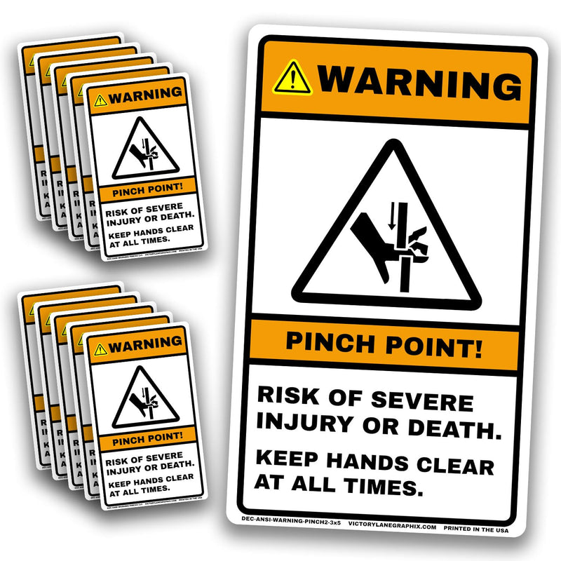 WARNING Pinch Point Labels #2 (10-Pack) – ANSI Z535 Safety Stickers, 3” x 5” Industrial Hazard Decals, OSHA Compliant, Waterproof Vinyl, Heavy Equipment & Machinery Safety Signs