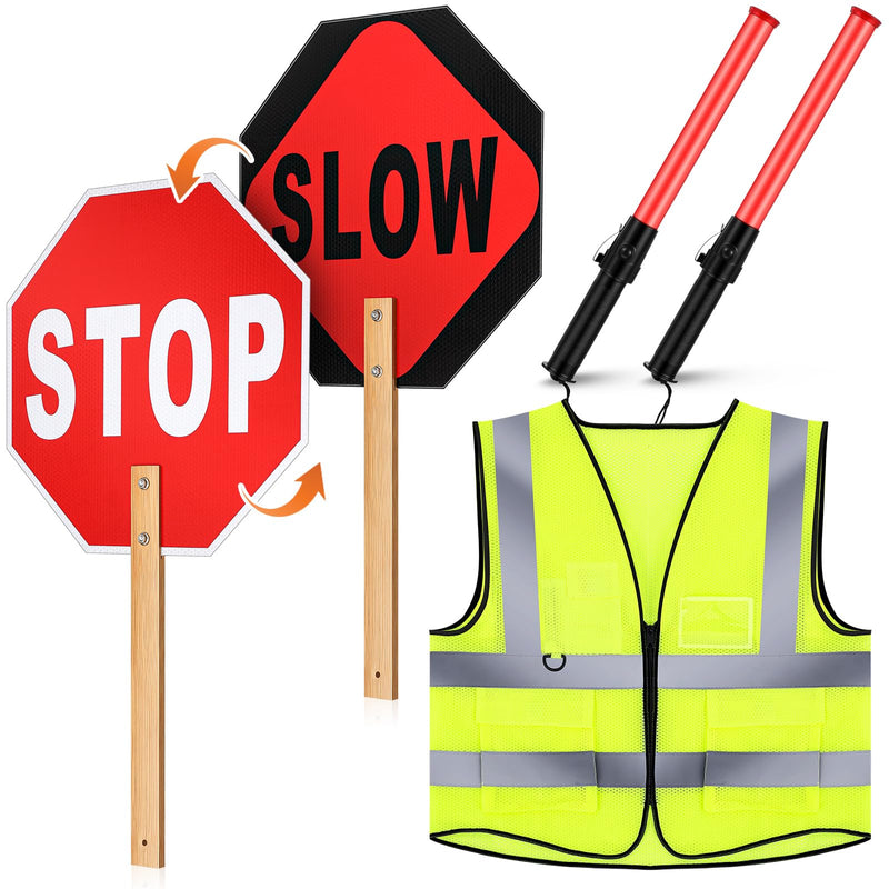 4 Pcs Stop Slow Sign Signal Traffic Wand Reflective Safety Vest Set 13" Crossing Guard Stop Sign with Handle 17" LED Traffic Control Baton High Visibility Security Vest for Road Airport Parking
