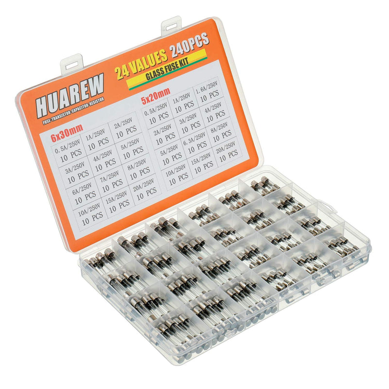 24 Values 240 Pieces Quick Melt Glass Fuses 250V Voltage 5x20mm 0.5 1 1.6 2 3 4 5 6.3 8 10 15 20A 6x30 mm 0.5 1 2 3 4 5 6 7 8 10 15 20 A Ampere Classification Kit